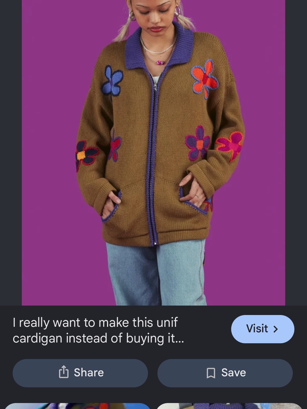 UNIF Knit Zip Cardigan with Purple Trim & Multicolor Flower Appliqués